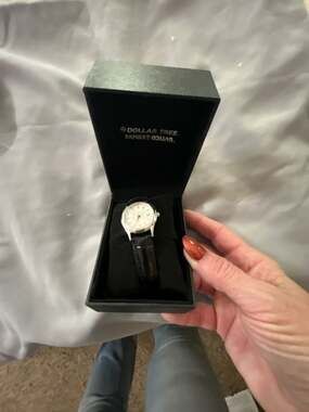 Dollar Tree Silver Tone Women Watch With Black Leather Strap and Gift Box
